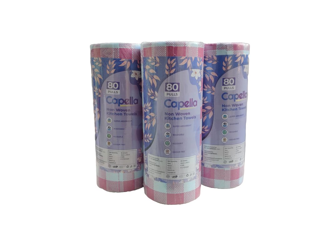 Capella Non Woven Reusable Kitchen Towel Roll - Pack of 3 (80 Pulls Per Roll, 240 Sheets)