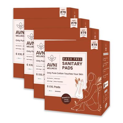 Avni - Thin Rash Free Cotton Sanitary Pads | 4 X Pack of 6 pads, 24 Pads | Double XL - 320 MM | Suitable For Normal-Sensitive Skin for Women | Wide Wings & With Hip Guards