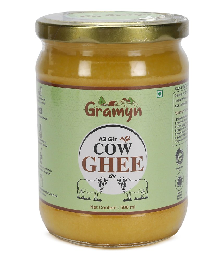 A2 Gir Cow Ghee Organic Vedic Bilona Method Grassfed Cultured Traditional Curd Bilona Ghee, Glass Bottle, Half Litre