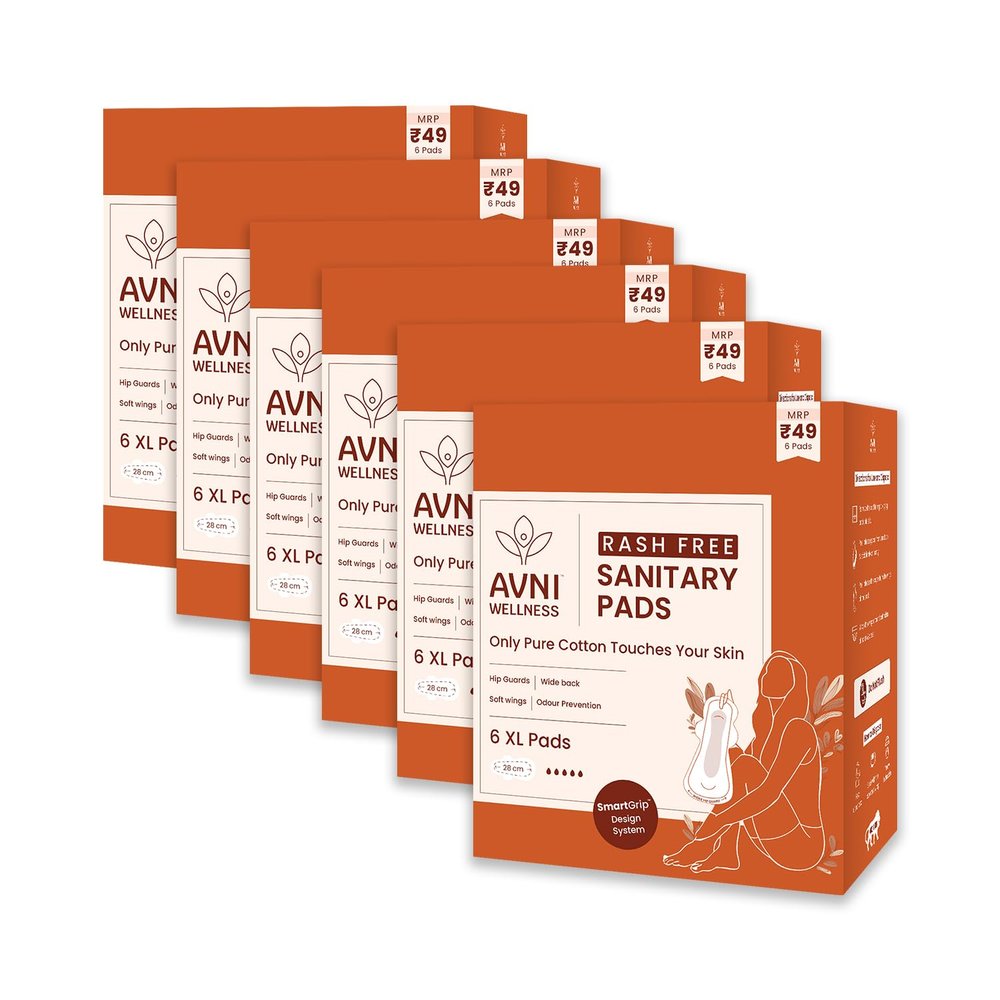 Avni - Thin Rash Free Cotton Sanitary Pads | 6 X Pack of 6 pads, 36 Pads | Extra Large - 280 MM | Suitable For Normal-Sensitive Skin for Women | Wide Wings & With Hip Guards