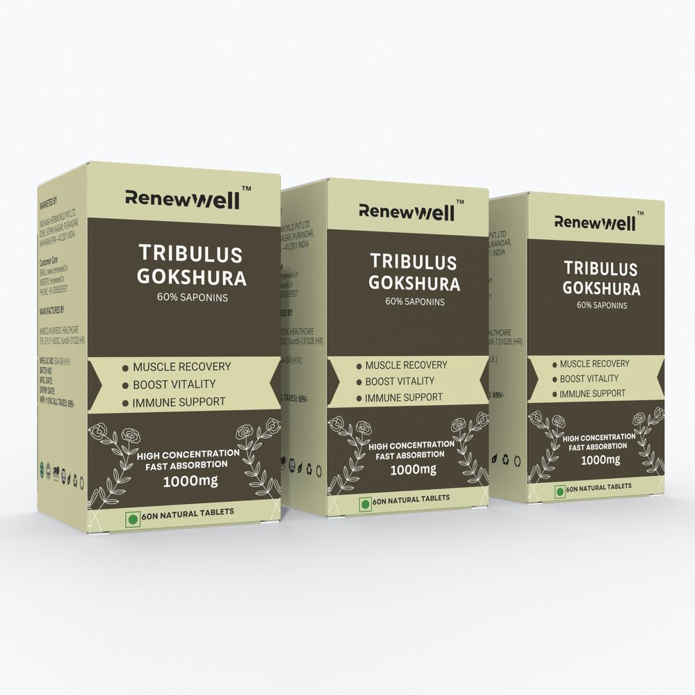 Renewwell Tribulus Gokshura 60 Tablets 1000mg | Highest 60% Saponins for Athletic performance | Enhances Muscle Growth | Best Tribulus Terrestris for Men & Women Overall Wellness (Pack of 3)