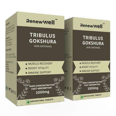 Renewwell Tribulus Gokshura 60 Tablets 1000mg | Highest 60% Saponins for Athletic performance | Enhances Muscle Growth | Best Tribulus Terrestris for Men & Women Overall Wellness (Pack of 2)