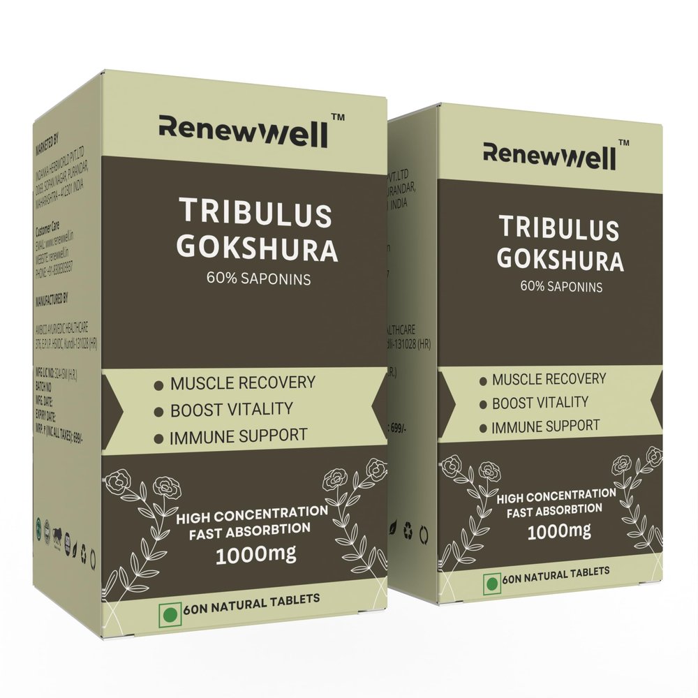 Renewwell Tribulus Gokshura 60 Tablets 1000mg | Highest 60% Saponins for Athletic performance | Enhances Muscle Growth | Best Tribulus Terrestris for Men & Women Overall Wellness (Pack of 2)