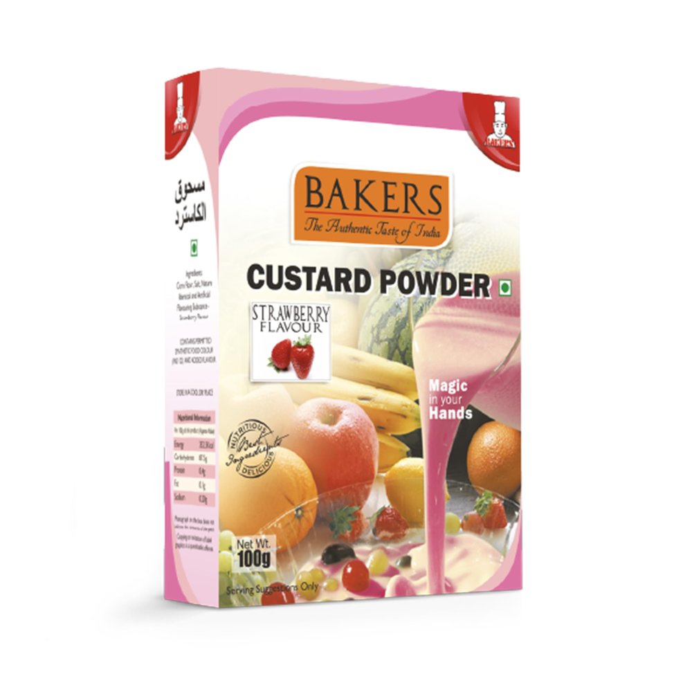 BAKERS Strawberry Flavored Custard Powder | Contains No Eggs | Easy to Make | Long Shelf Life | Delightful & Mouthwatering | Pack of 3 (100 gm x 3)