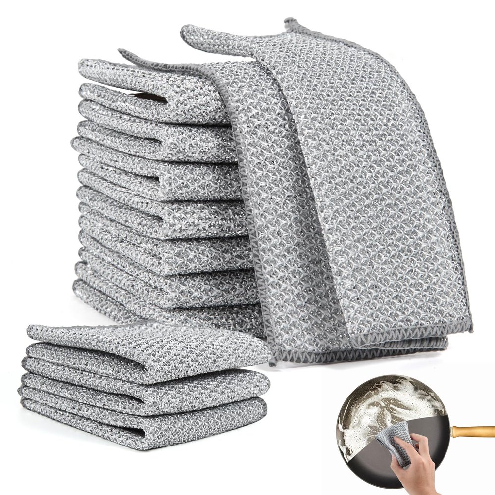 EOOUT 10+10 pcs Multipurpose Wire Dishwashing Rag for Wet and Dry Dish, VTMCUI Multifunctional Non-Scratch Scrubbing Pads Kitchen Cleaning Cloths (10 Silver)