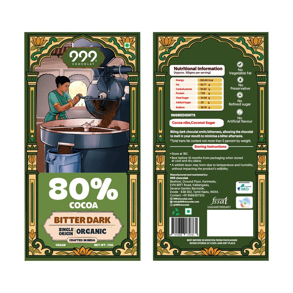 999 Chocolat 80% Premium Dark Chocolate | Hand Crafted Organic Dark Chocolate Bar | No Refined Sugar, No Preservative, No Vegetable Fat & No artificial flavour | Pack of 1 (70g)