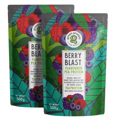 GREEN PROTEIN Pea Protein Isolate Powder, Vegan Plant Protein, No Added Sugar, 100% Vegan, Soy Free, Dairy Free, Gluten Free, Allergen Free, Berry Blast Flavor, 15g Protein Per Serving, Pouch (1kg)