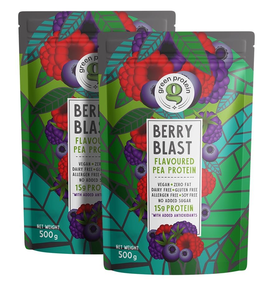 GREEN PROTEIN Pea Protein Isolate Powder, Vegan Plant Protein, No Added Sugar, 100% Vegan, Soy Free, Dairy Free, Gluten Free, Allergen Free, Berry Blast Flavor, 15g Protein Per Serving, Pouch (1kg)