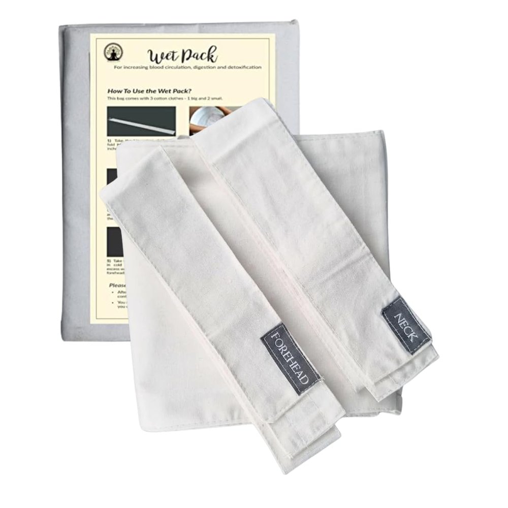 Manushya Life | Wet Pack Cotton Patti for Body Detox with VELCRO CLOSURE | Satvic Lifestyle | Set of 3 Strips for Abdomen, Neck and Head | Contains Cotton Cloth Bag and User Manual