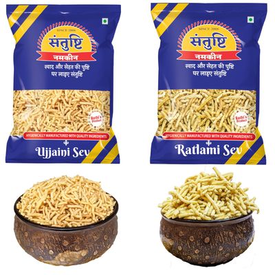 Santushti Namkeen Authentic Ujjaini & Ratlami Sev-400gm Each | Crispy Medium Spicy Indian Snack Made in Groundnut Oil | Traditional Tea Time Snack | Healthy Munching Anytime | Fresh & Flavorful Taste