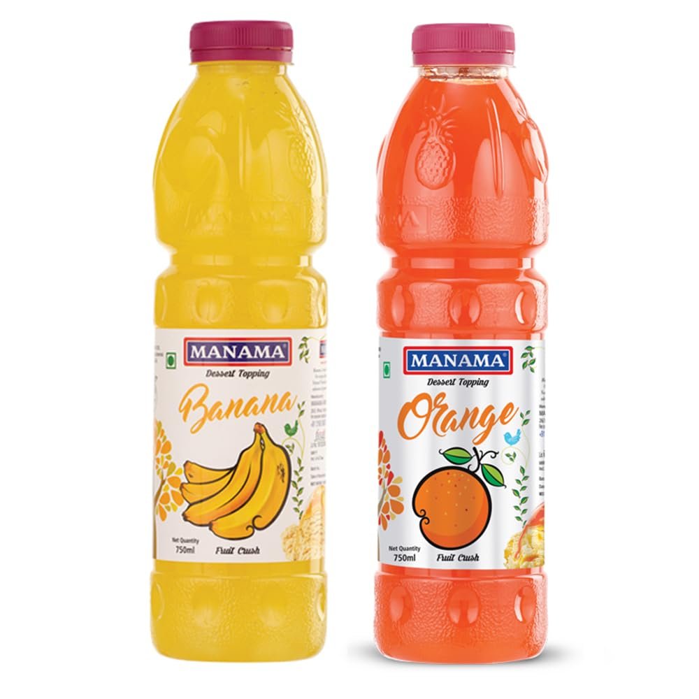 Manama Orange Crush and Banana Crush | 750ML Each | Topping for Cakes, Pies and Shakes | Pack of 2