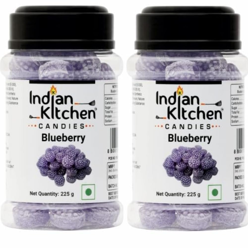 Indian Kitchen Blueberry Candy 225g (Pack of 2) | Sweet & Tangy Hard Candies with Real Blueberry Flavor | Refreshing Mouth Freshener in a Resealable Jar | Perfect for Snacking, Travel & Sharing