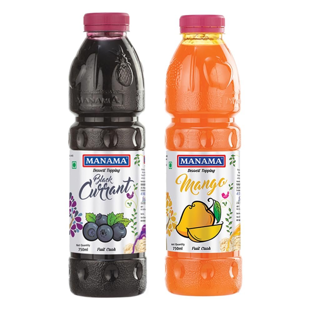 Manama Black Currant Crush and Mango Crush | 750ML Each | Topping for Cakes, Pies and Shakes | Pack of 2
