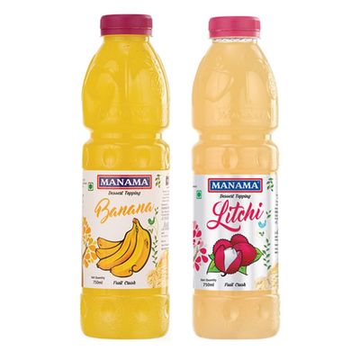Manama Banana Crush and Litchi Crush | 750ML Each | Topping for Cakes, Pies and Shakes | Pack of 2