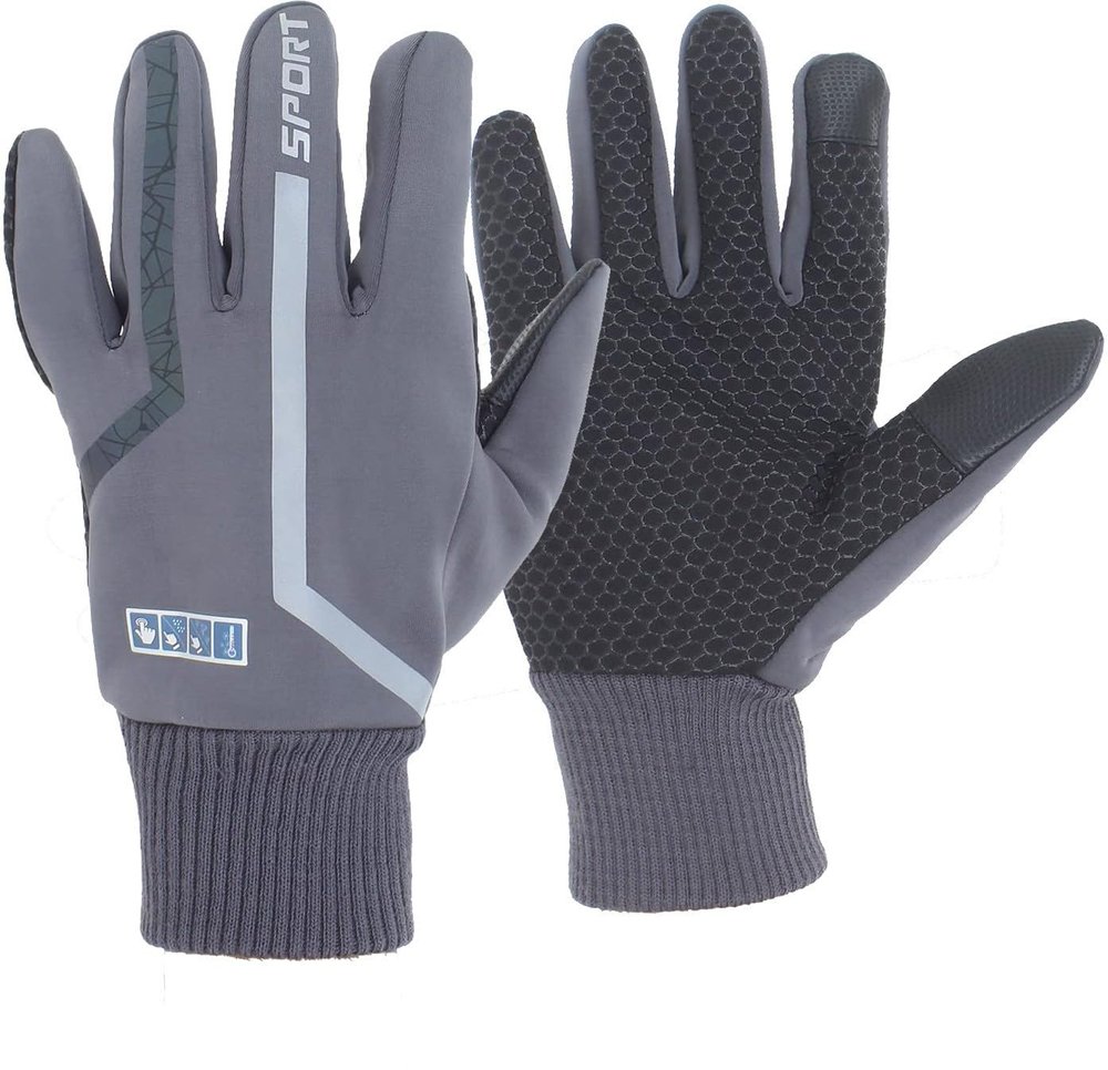 DreamPalace India Full Finger Gloves with Touch Screen Feature with Reflector (Glow in Night)-Free Size (Grey)