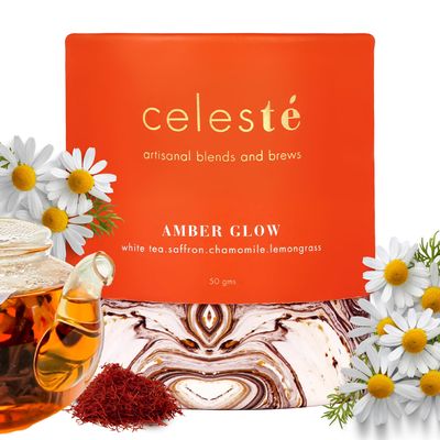 Celeste Amber Glow Chamomile Tea Loose Leaf - Premium Blend with Saffron and Lemongrass | 100% Natural Loose Leaf White Tea (50gm) (25 Cups)