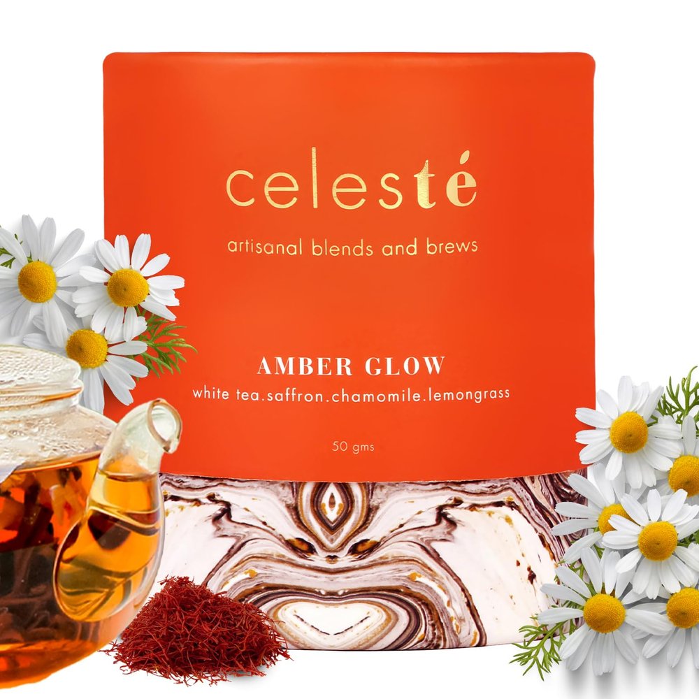 Celeste Amber Glow  Chamomile Tea Loose Leaf - Premium Blend with Saffron and Lemongrass | 100% Natural Loose Leaf White Tea (50gm) (25 Cups)