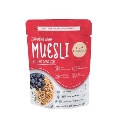 INDULGENCE Zero Added Sugar Muesli | High-Fiber, Crunchy Breakfast Cereal with Nuts, Seeds & Whole Grains | No Preservatives | Healthy Start for Weight Watchers & Diabetics