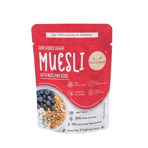 INDULGENCE Zero Added Sugar Muesli | High-Fiber, Crunchy Breakfast Cereal with Nuts, Seeds & Whole Grains | No Preservatives | Healthy Start for Weight Watchers & Diabetics