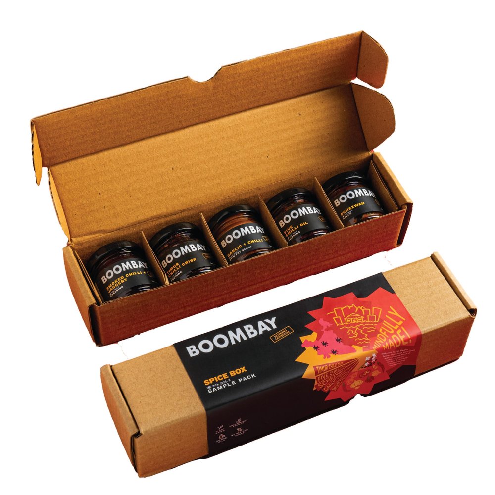 5-in-1 BOOMBAY Spice Box Sample Pack 175g | Nothing Artificial | No Refined Sugars | No Bad Oil | Timur Chilli Crisp | Five Chilli Oil | Schezwan | Garlic + Chilli | Smoked Chilli + Jaggery
