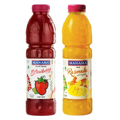 Manama Strawberry Crush and Rasmalai Crush | 750ML Each | Topping for Cakes, Pies and Shakes | Pack of 2