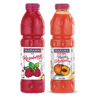 Manama Raspberry Crush and Peach and Apricot Crush | 750ML Each | Topping for Cakes, Pies and Shakes | Pack of 2