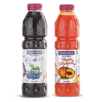 Manama Blueberry Crush and Peach and Apricot Crush | 750ML Each | Topping for Cakes, Pies and Shakes | Pack of 2