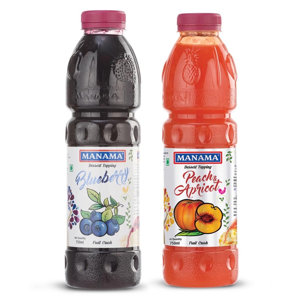 Manama Blueberry Crush and Peach and Apricot Crush | 750ML Each | Topping for Cakes, Pies and Shakes | Pack of 2