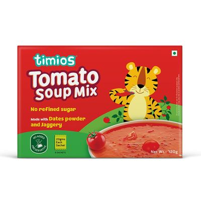 Timios Tasty Tomato Soup Mix for Kids, Instant & Healthy Ready to Cook Soup Mix Made With Natural Date Powder, No Refined Sugar, 120g
