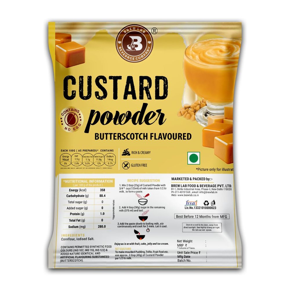 Brew Lab Butterscotch Flavored Custard Powder | Creamy Texture Contains No Egg | Perfect For Cake, Pudding | 1 kg