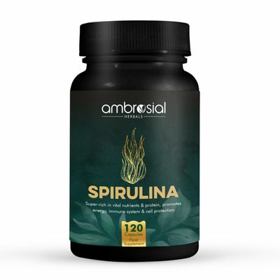 Ambrosial Spirulina Capsule High Strength 500 mg EACH Capsule | Certified Spirulina Tablets for Energy and Immunity | Richest Source of Protein (Pack of 1-120 Capsules)