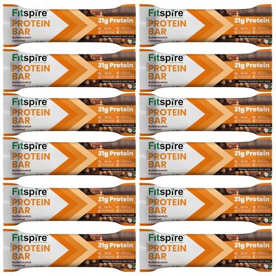 Fitspire Butterscotch Protein Bar | 21g Protein with Premium Advanced Whey Blend | High Fiber | Cholesterol Free | Healthy Snack & Breakfast Protein Bar Pack of 12