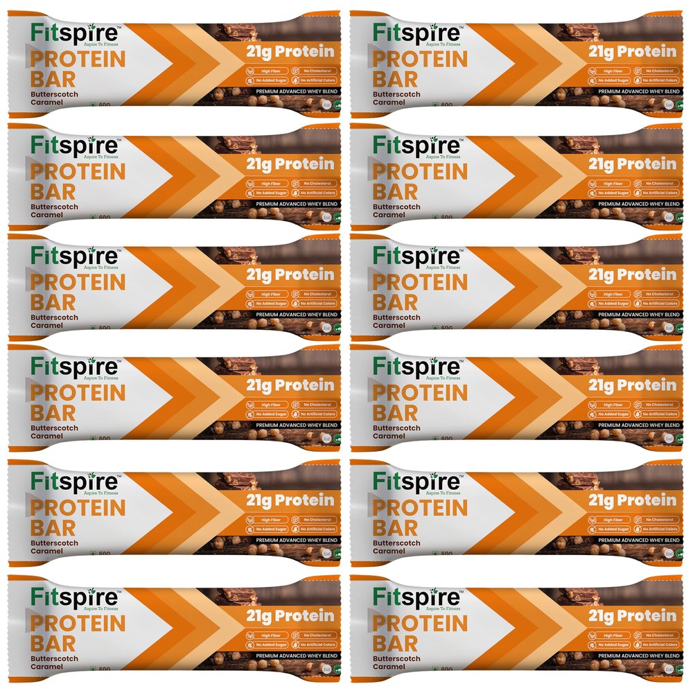 Fitspire Butterscotch Protein Bar | 21g Protein with Premium Advanced Whey Blend | High Fiber | Cholesterol Free | Healthy Snack & Breakfast Protein Bar Pack of 12