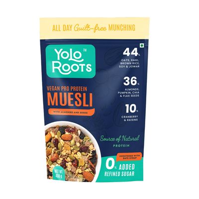 Yolo Roots Muesli With Almonds and Cranberry 400gm | Rich Protein Source 16gm Per 100gm | 36% Nut, Seeds & 44% Multigrain |10% Cranberry & Black Raisin | Made with Date Syrup, Vegan & Gluten Free