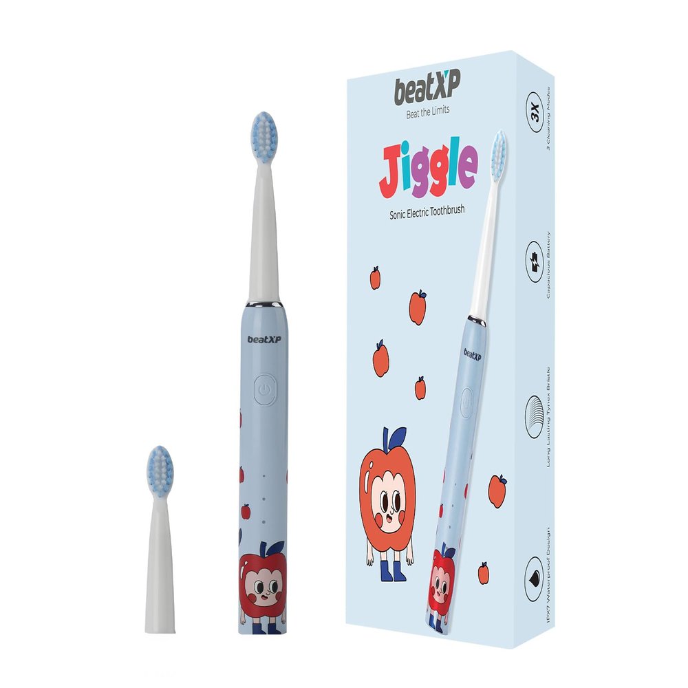 beatXP Jiggle Sonic Electric Toothbrush for Kids with 2 Brush Heads & 3 Cleaning Modes | Rechargeable Electric Toothbrush | 20500 strokes/min with Long Battery Life (Snoozy Blue)