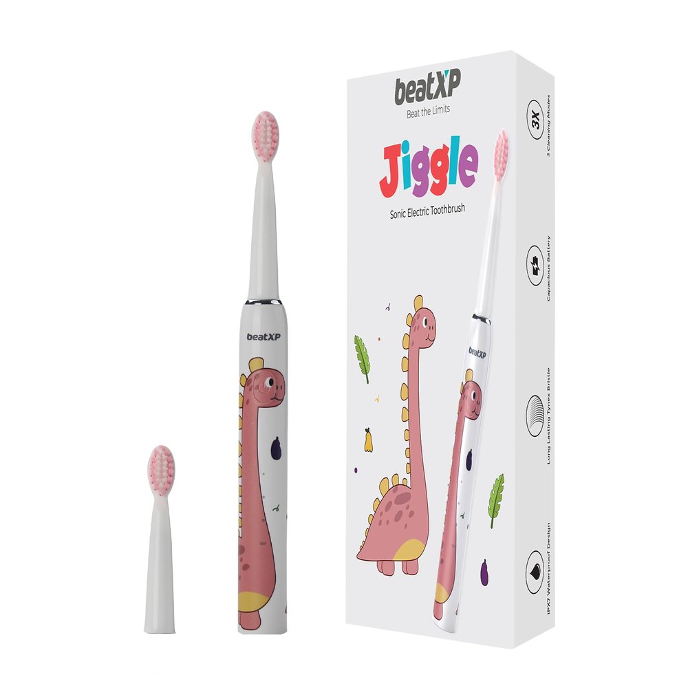 beatXP Jiggle Sonic Electric Toothbrush for Kids with 2 Brush Heads & 3 Cleaning Modes | Rechargeable Electric Toothbrush | 20500 strokes/min with Long Battery Life (Milky White)