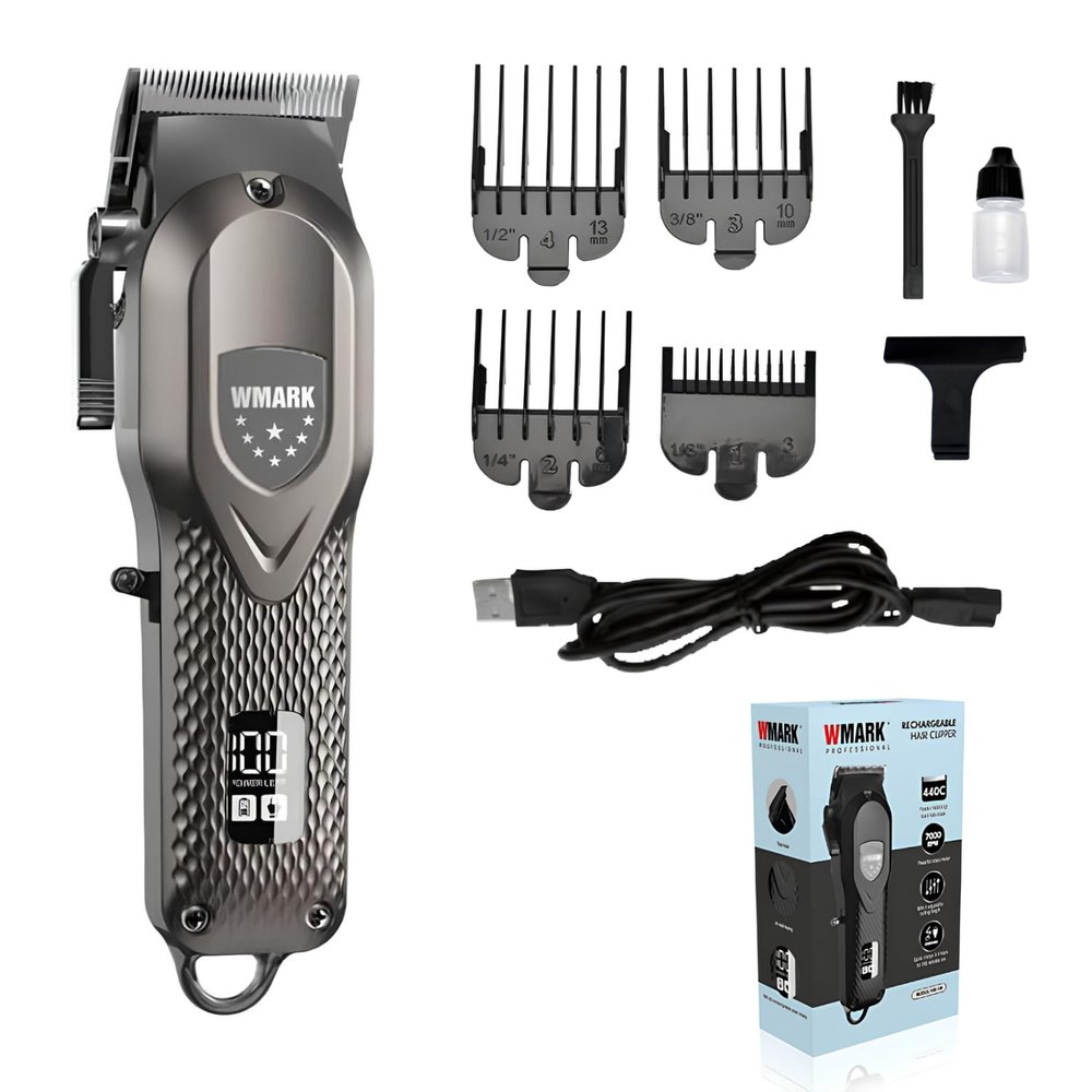 WMARK NG-119 Professional Zero Gap Hair Trimmer Digital Display Self Sharpening Blade 7000 RPM Magnetic Motor USB Charging 4 Guide Comb Runtime 240 Min 2000 Mah Li-Ion Battery, Silver,Men