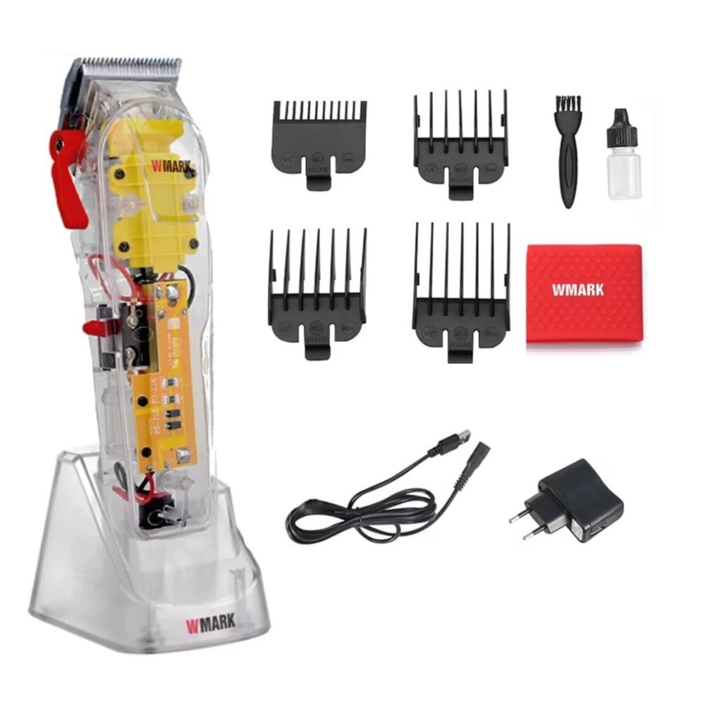 WMARK NG-108S Professional Zero Gapped Hair Clipper Self Sharpening Blade 7300 RPM Magnetic Motor charging adaptor 4 Guide Comb Taper Lever Adjustments for close cut trimming for men Runtime 240 min
