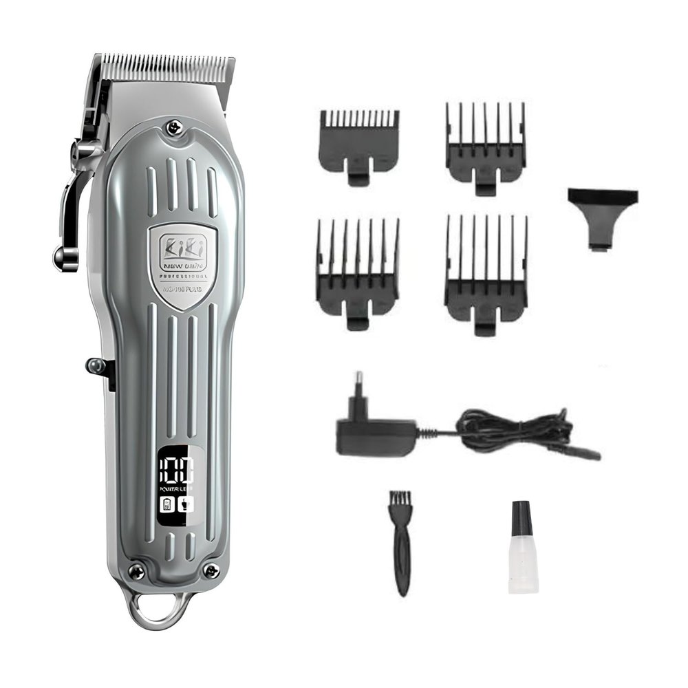 KIKI NEW GAIN NG-116 PLUS Salon Series Professional Cordless Hair Clipper Digital Display 6500 RPM Powerful rotary Motor High Carbon steel 4 Guide Comb Taper Lever Adjustment Runtime: 240 min, Silver