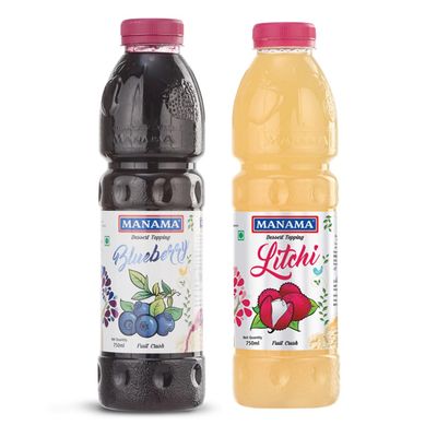 Manama Blueberry Crush and Litchi Crush | 750ML Each | Topping for Cakes, Pies and Shakes | Pack of 2