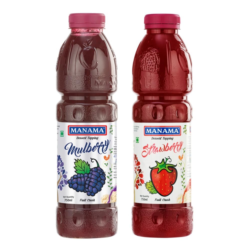 Manama Strawberry Crush and Mulberry Crush | 750ML Each | Topping for Cakes, Pies and Shakes | Pack of 2