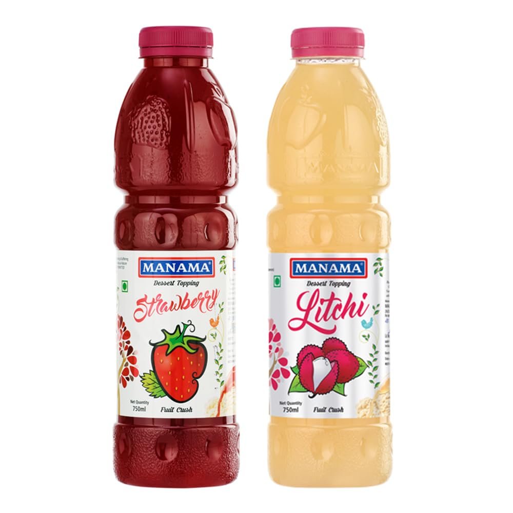 Manama Strawberry Crush and Litchi Crush | 750ML Each | Topping for Cakes, Pies and Shakes | Pack of 2