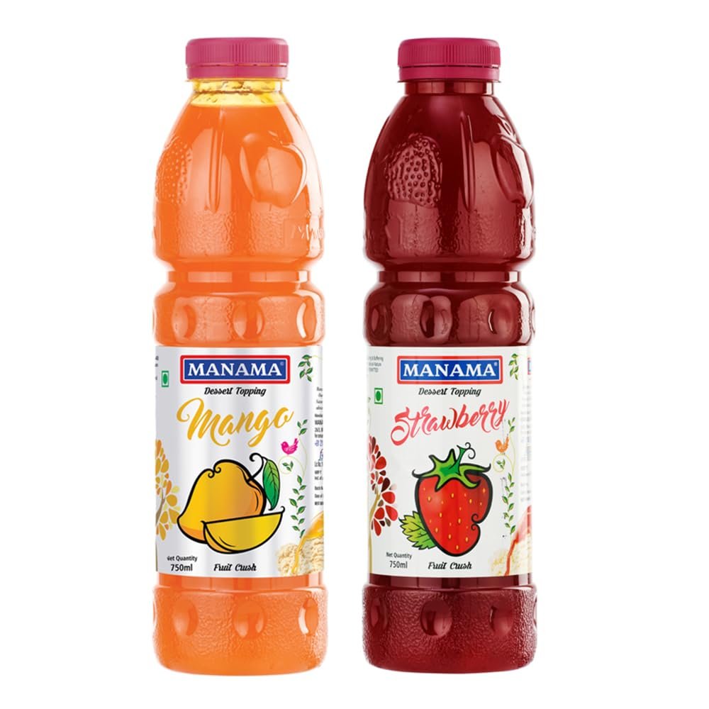 Manama Strawberry Crush and Mango Crush | 750ML Each | Topping for Cakes, Pies and Shakes | Pack of 2
