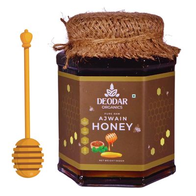 DEODAR ORGANICS' Raw AJWAIN 100% Pure Natural Fresh & Unprocessed Unheated Original Honey | No Additives Or Preservatives | Single Source Honey Pack of 1 Glass Jar (500 GM)