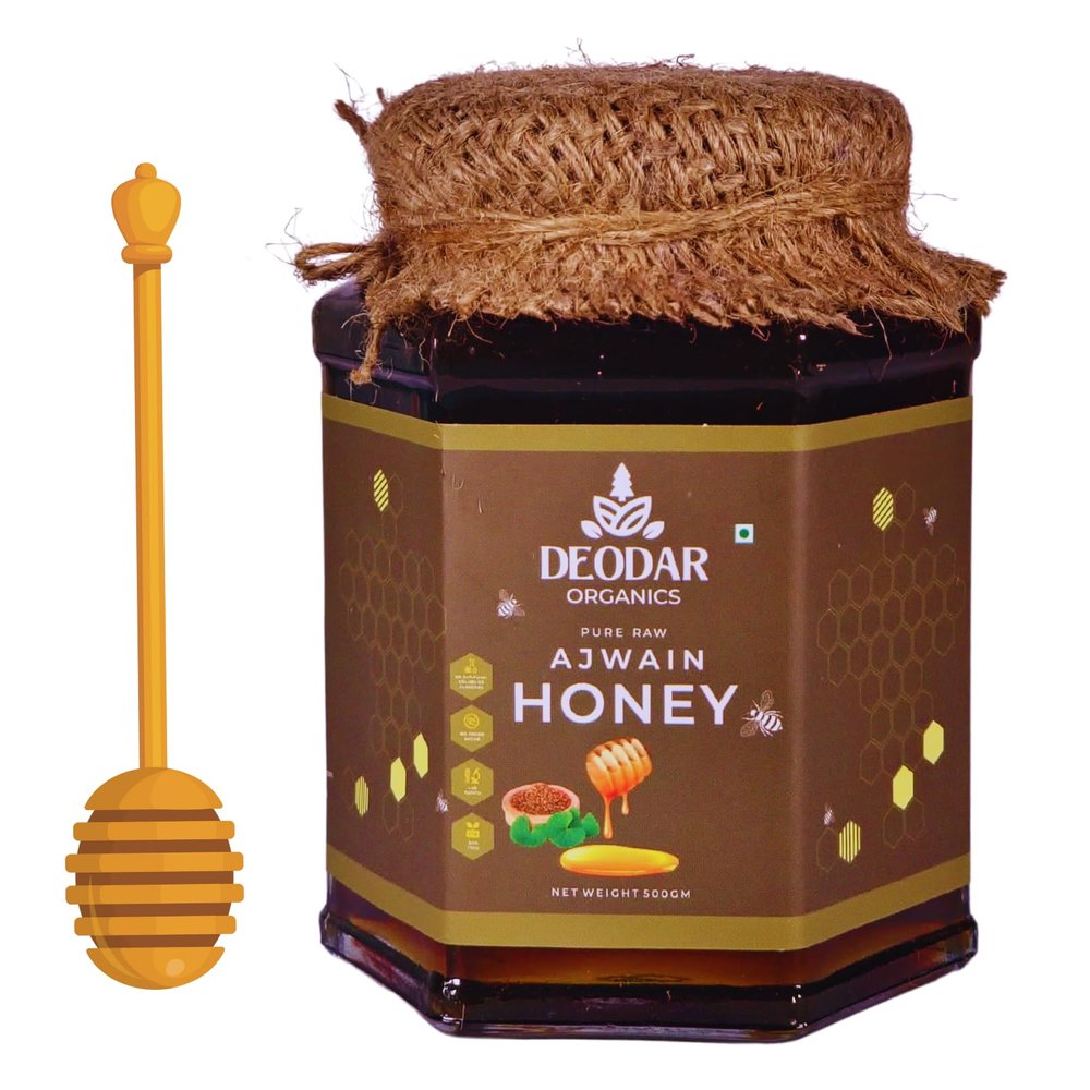 DEODAR ORGANICS' Raw AJWAIN 100% Pure Natural Fresh & Unprocessed Unheated Original Honey | No Additives Or Preservatives | Single Source Honey Pack of 1 Glass Jar (500 GM)