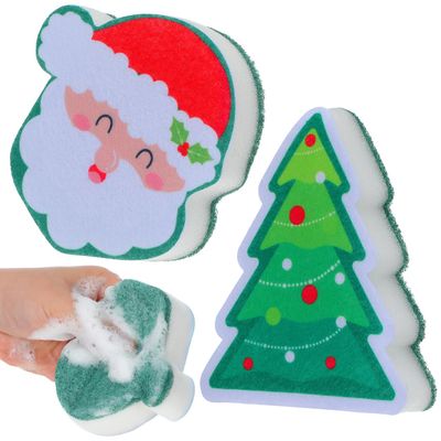 Cabilock Christmas Dishes Scrub Sponges, 2Pcs Kitchen Scouring Pads Cartoon Non Scratch Cleaning Scrubber Santa Christmas Tree Sink Washing Brush Cloths for Bowl Pan