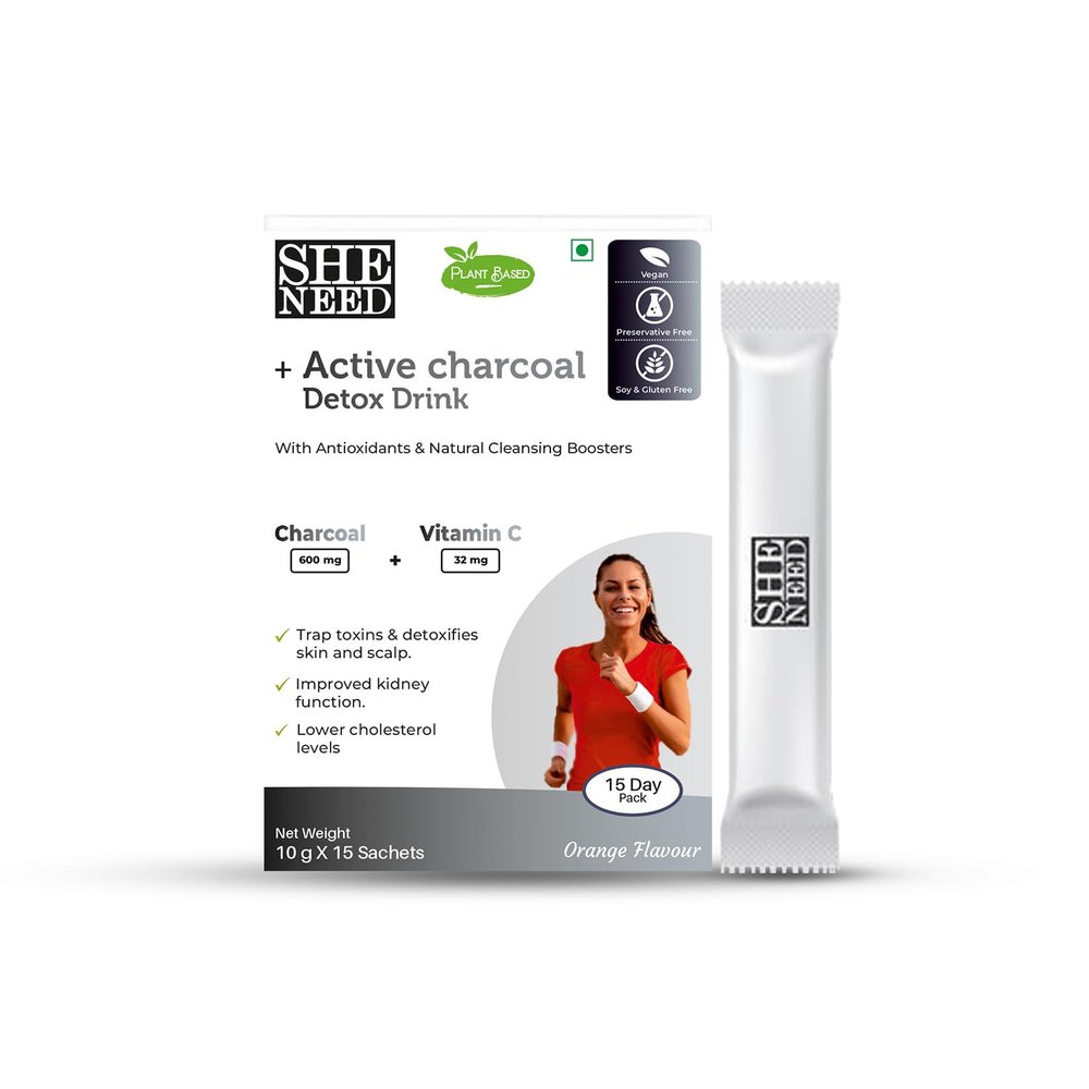 SheNeed +Active Charcoal detox drink-VitC-detoxifies body from toxins,Vegan-Male & female-10x15 Sachets