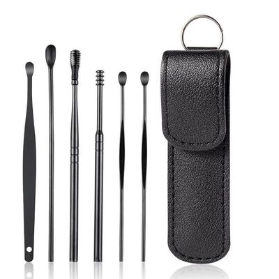 6 Pcs Ear Pick Earwax Removal Kit, Ear Cleansing Tool Set, Ear Curette Cleaner, 360 Spiral Design Ear Canal Cleaner Stainless Steel with Storage Box Portable Kit for Home and Travel (Black)
