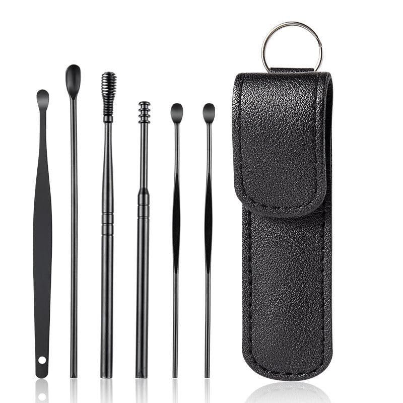 6 Pcs Ear Pick Earwax Removal Kit, Ear Cleansing Tool Set, Ear Curette Cleaner, 360 Spiral Design Ear Canal Cleaner Stainless Steel with Storage Box Portable Kit for Home and Travel (Black)