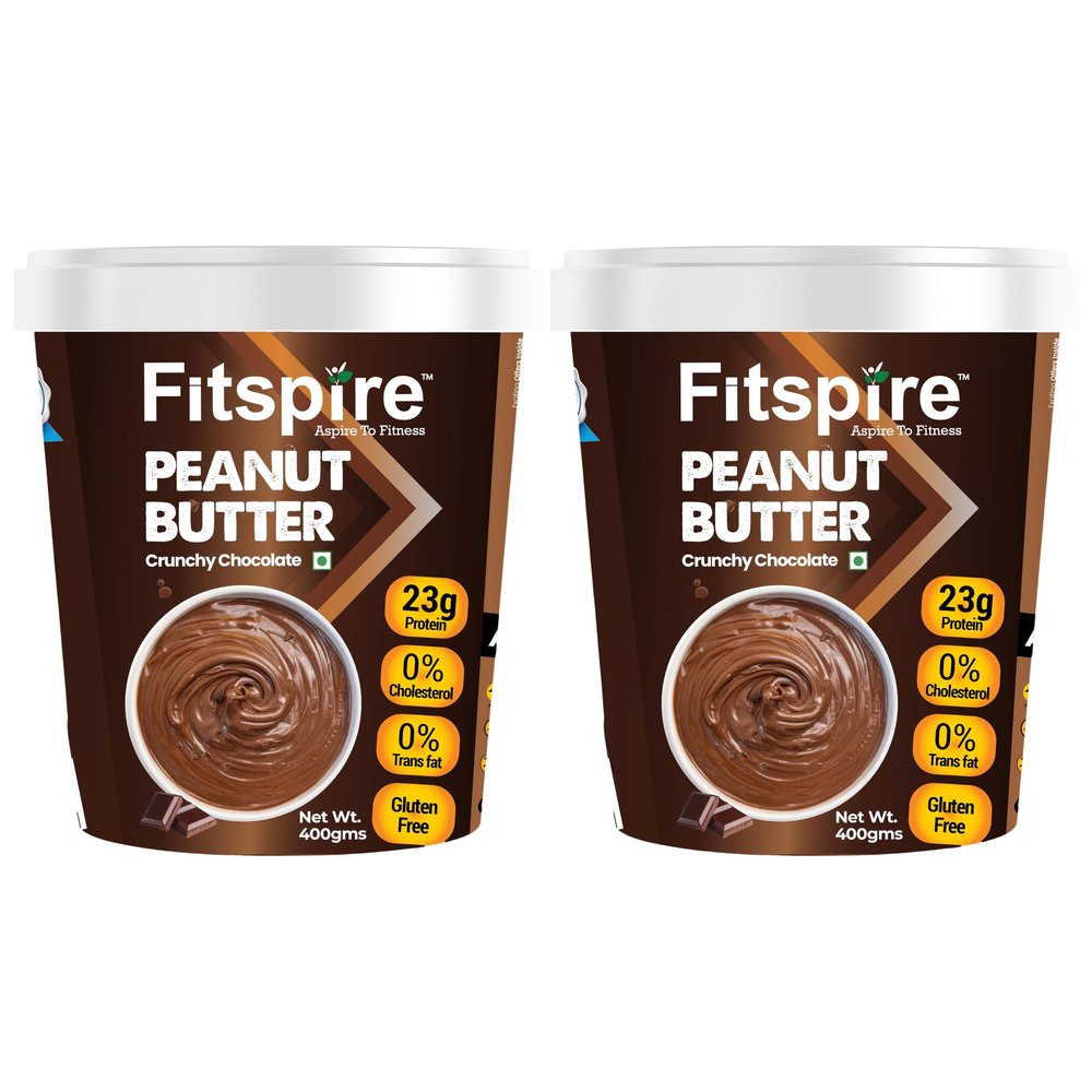 Fitspire Crunchy Chocolate Peanut Butter | 23g Plant Protein | 100% Pure Roasted Peanuts | 100% Vegan, Non-GMO | Gluten & Cholesterol Free | Zero Trans Fat, No Preservatives | 800g (Pack of 2 x 400g)